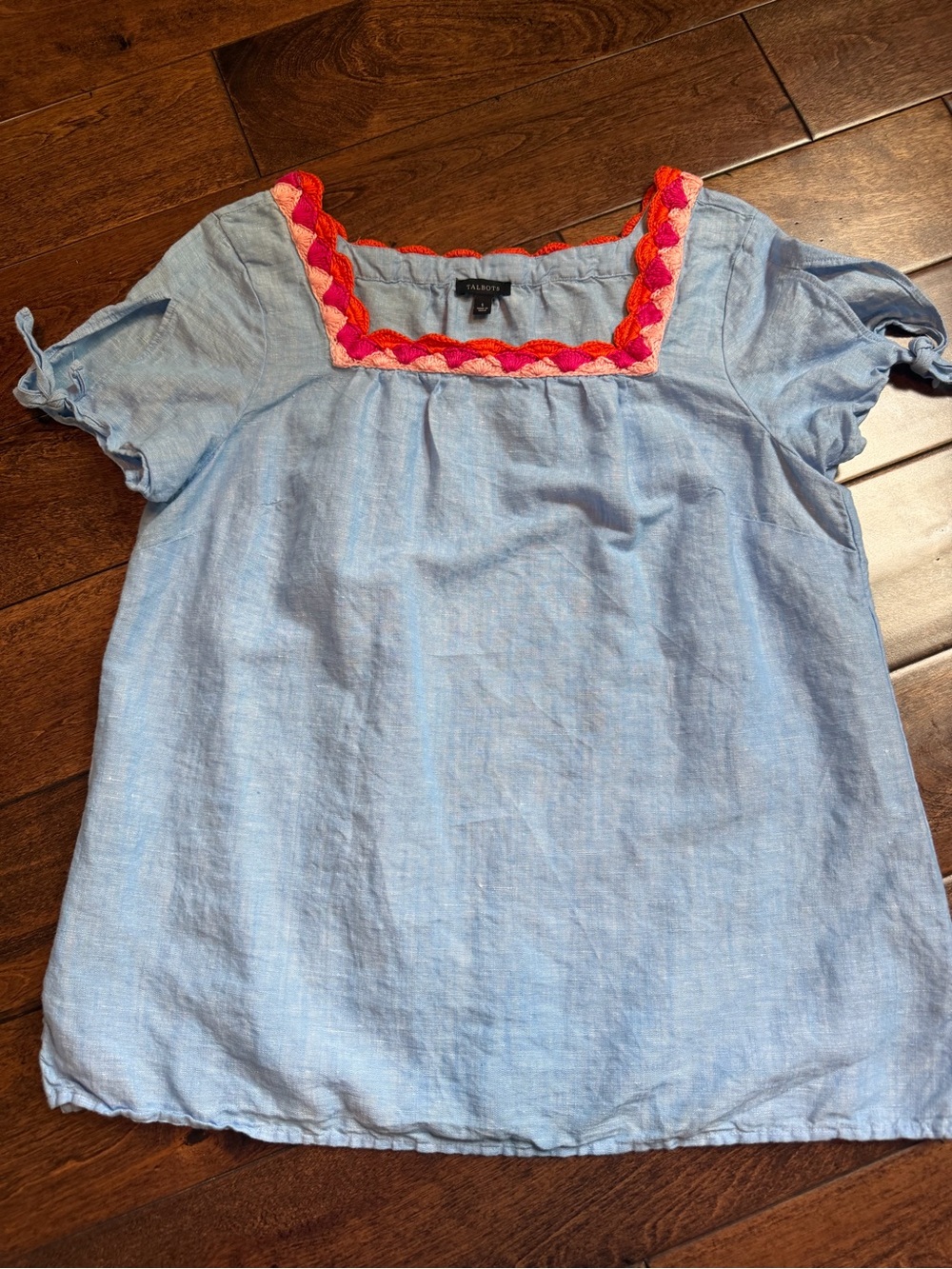Talbots Light Blue Top with Pink and Orange Crochet Trim